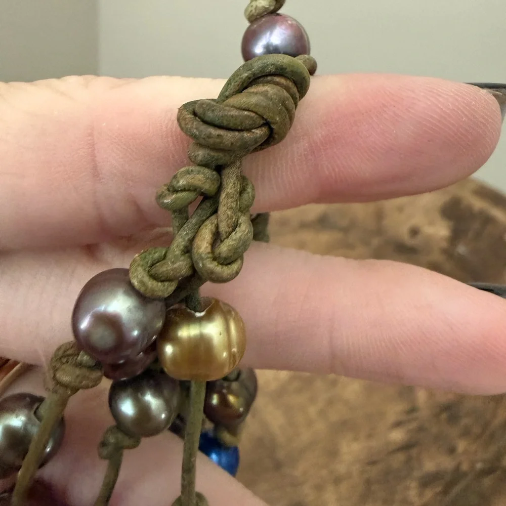 Multi-color, Multi-strand Pearl Necklace on Knotted Bracelet